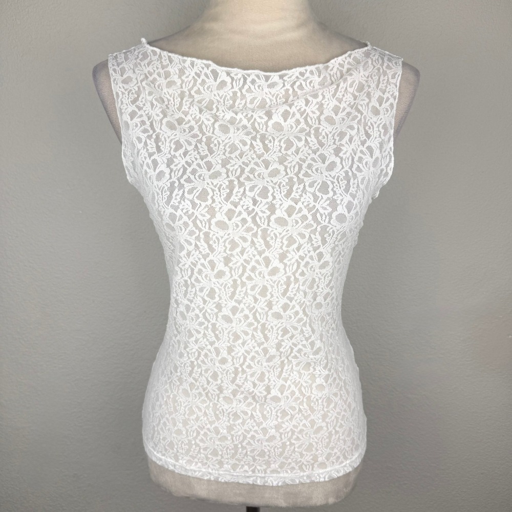 Missguided White Floral Lace Sleeveless Boat Neck Top Sheer Slim Chic Size S/M